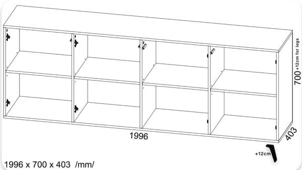 Technical drawing of a furniture piece with dimensions