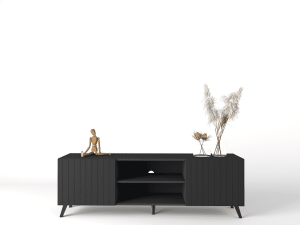 Black entertainment console with decorative items on a white background