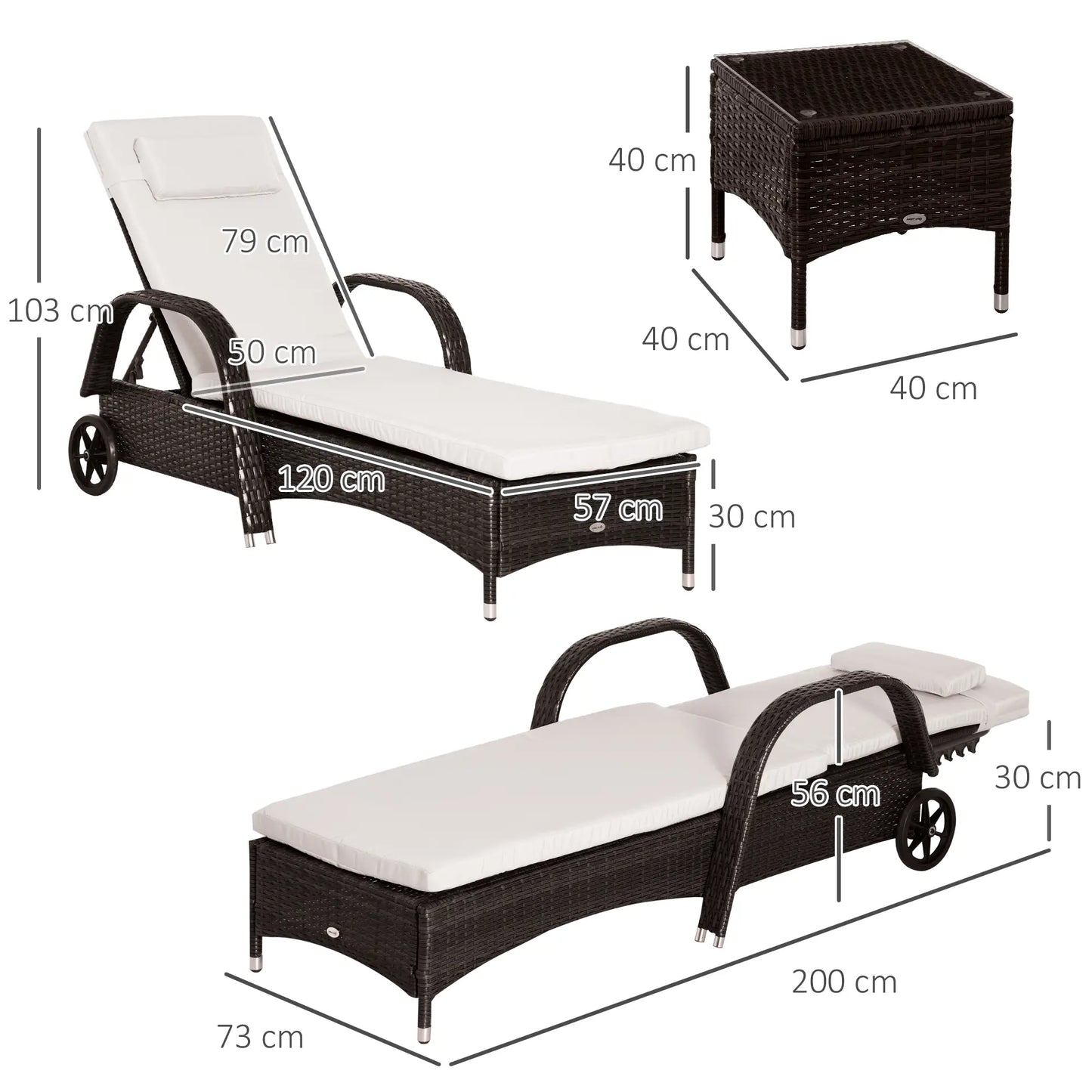 Dimensions of a sun lounger and table on a white background