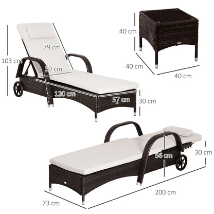 Dimensions of a sun lounger and table on a white background