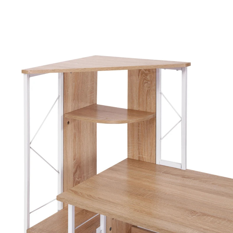 Wooden corner desk with white metal frame on a white background