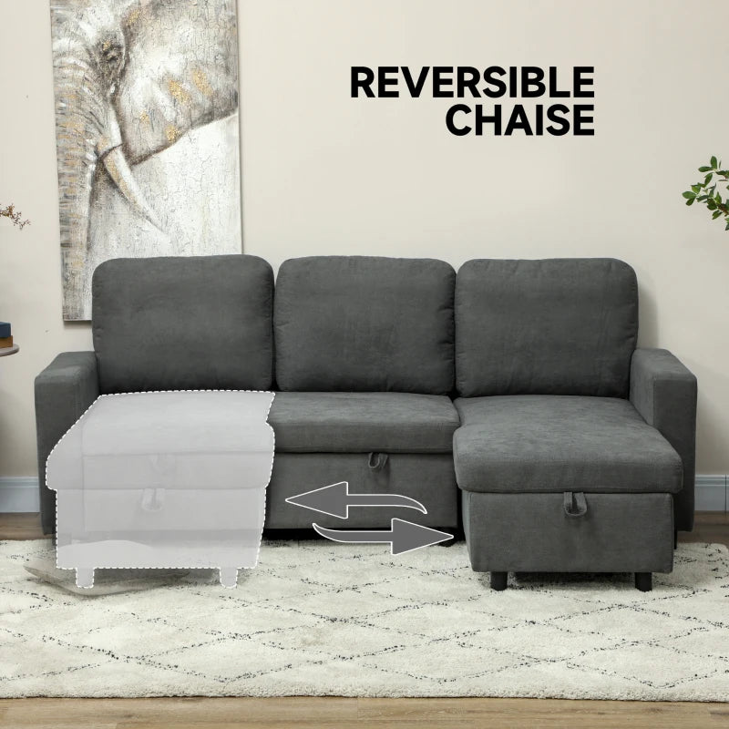 Gray sectional sofa with reversible chaise feature in a room setting.