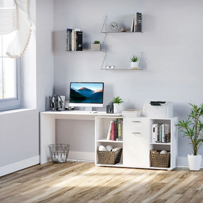 Modern home office with a white desk, computer monitor, and shelves.