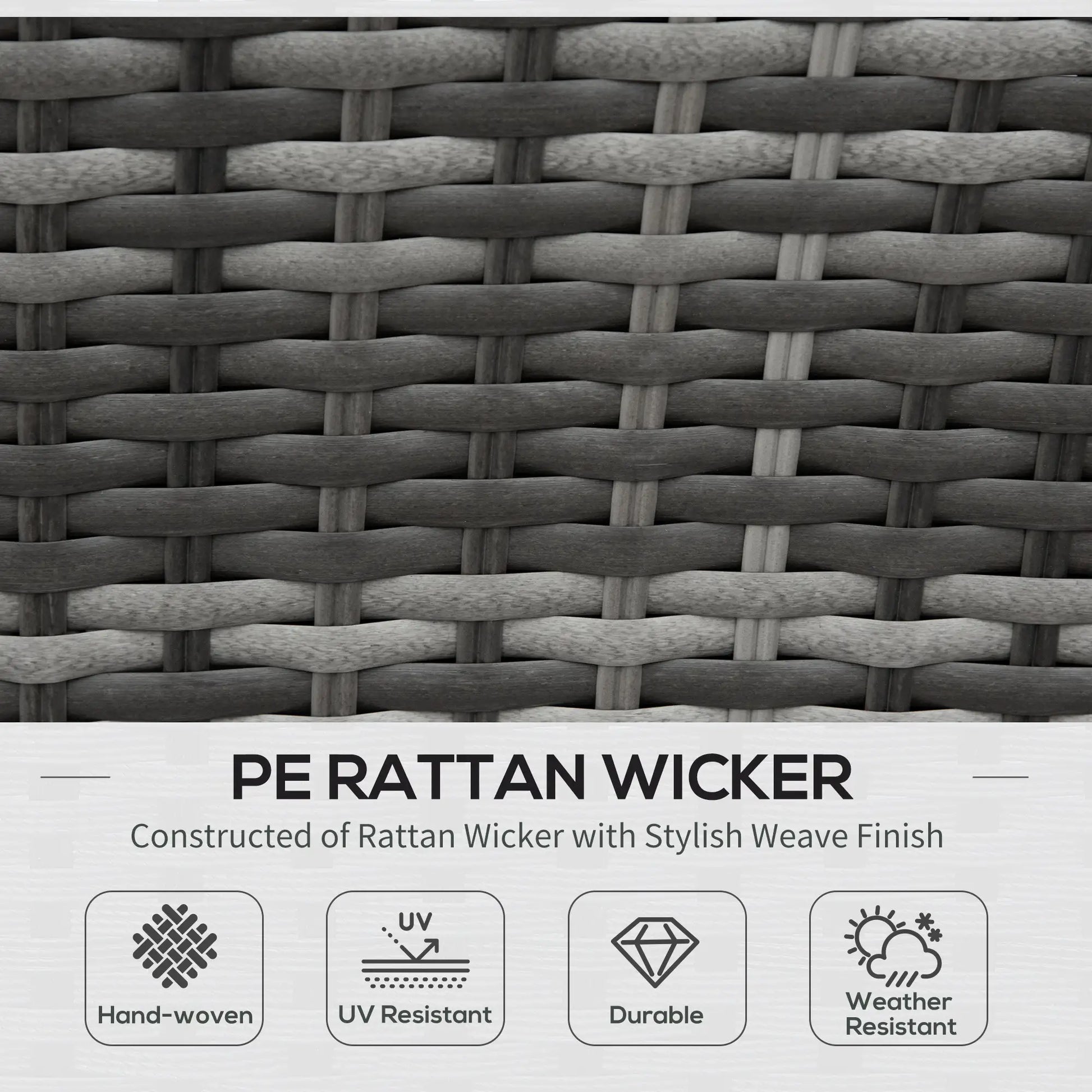 Close-up of PE rattan wicker with text and icons indicating features.