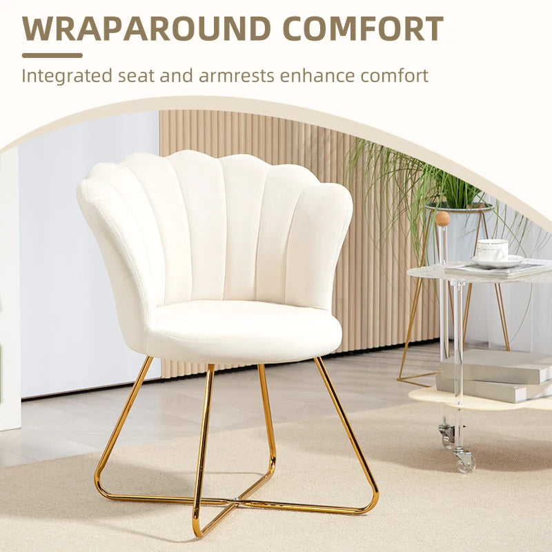 White chair with gold legs in a modern interior setting, featuring text about wraparound comfort.