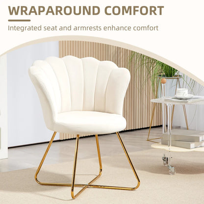White chair with gold legs in a modern interior setting, featuring text about wraparound comfort.