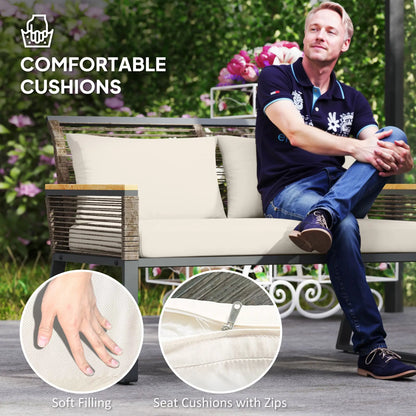 Outsunny Four Piece Wicker Rope Garden Furniture Set with Glass Top Coffee Table