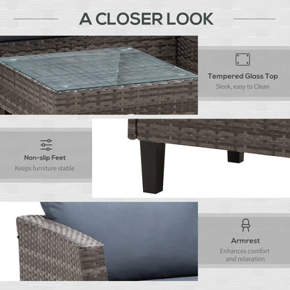 Wicker outdoor table with tempered glass top, non-slip feet, and armrest features.