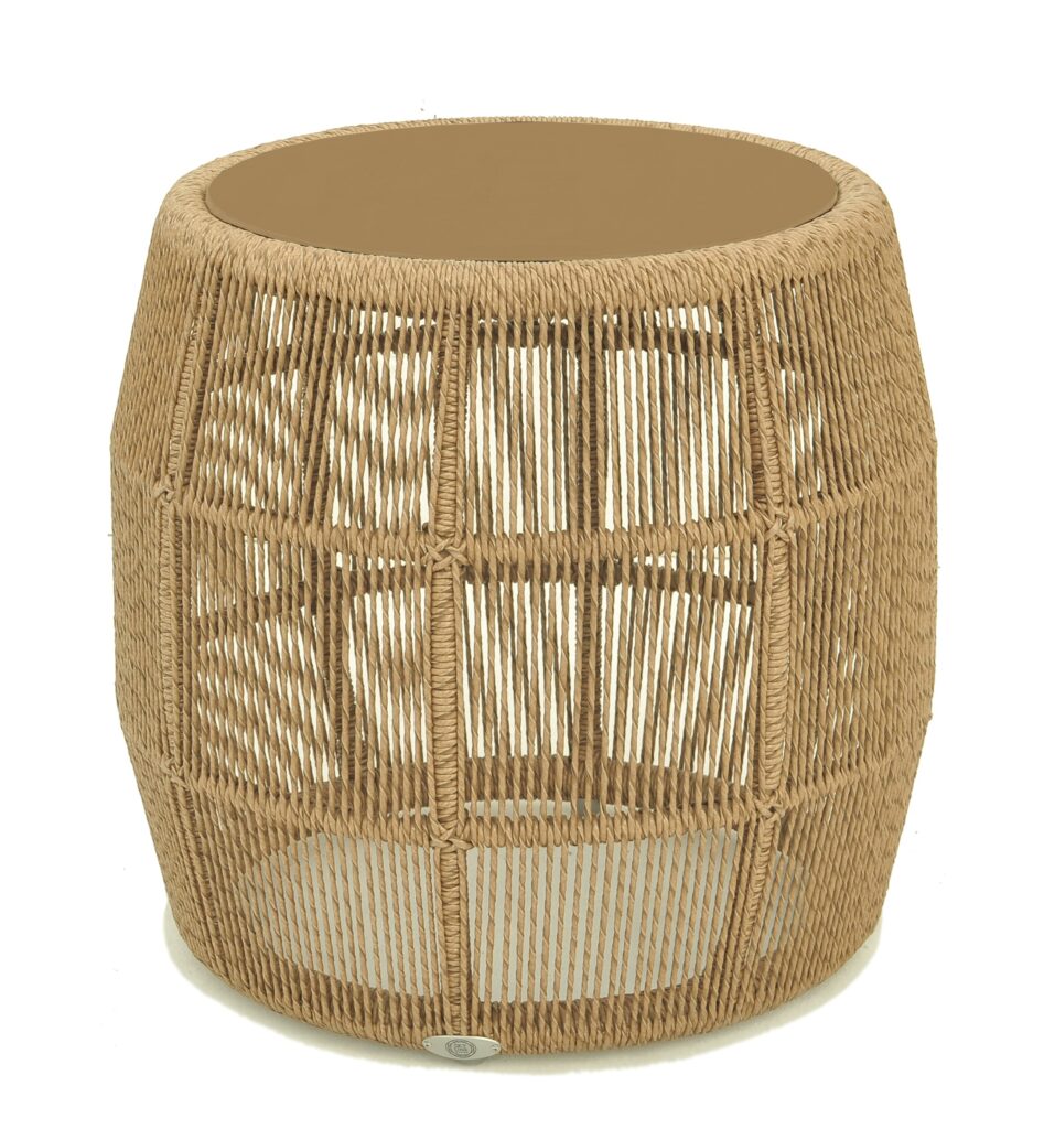 Woven rattan side table on a white background