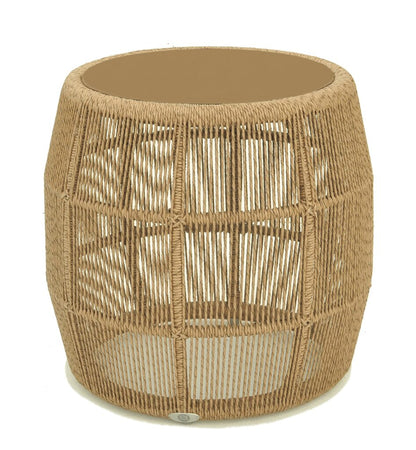 Woven rattan side table on a white background