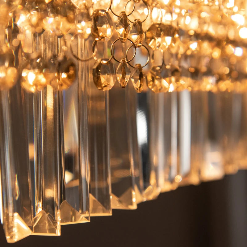Close-up of a chandelier with crystal-like design on a blurred background