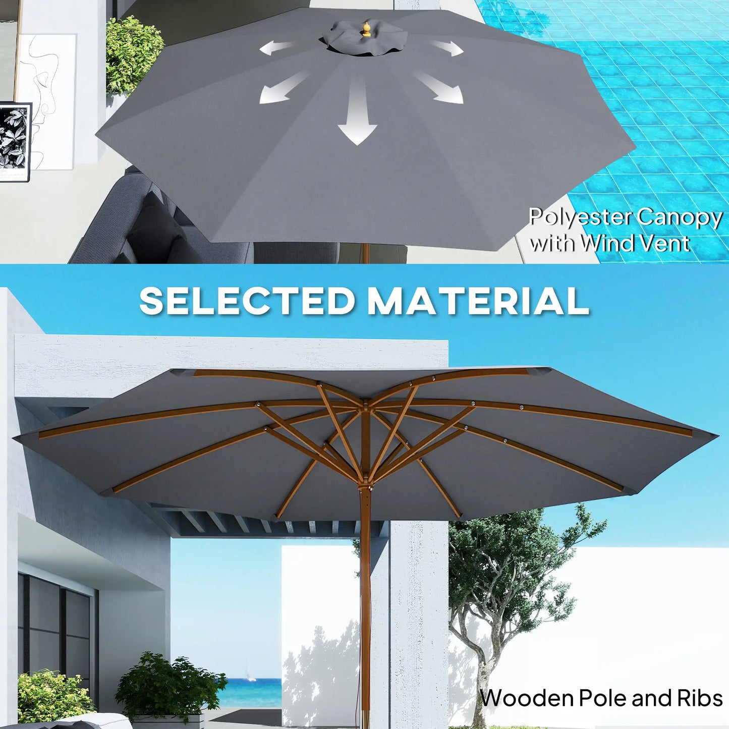 Outsunny 3m Wood Pole Parasol Umbrella