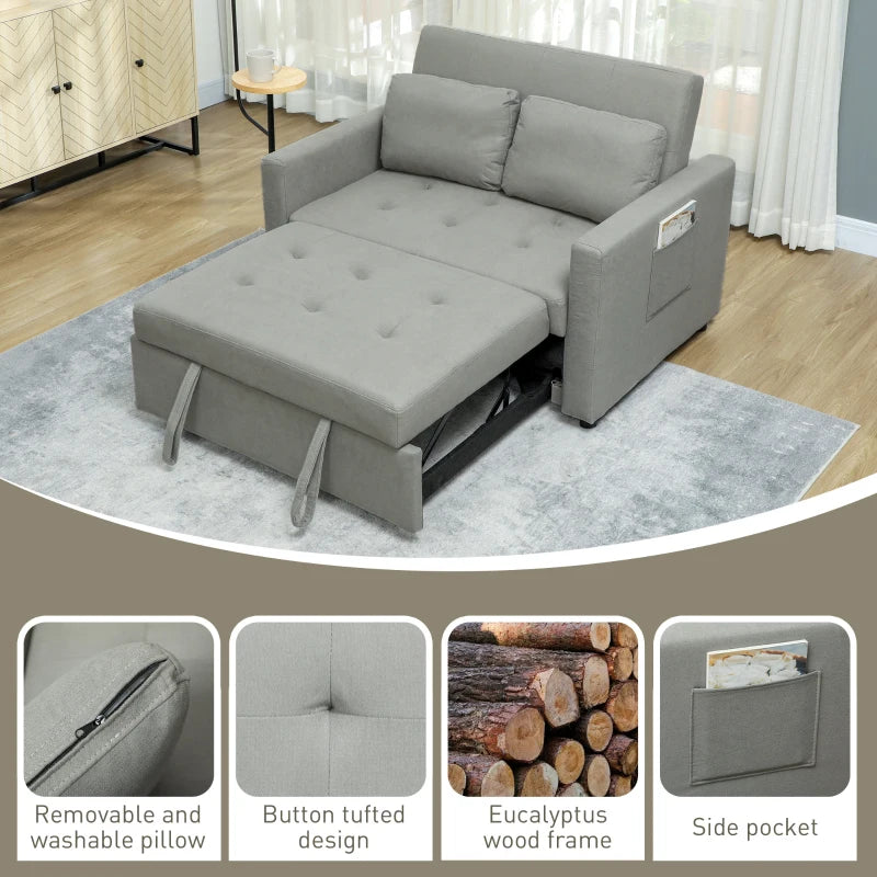 Gray sofa bed in a room with features highlighted in smaller images.