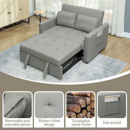 Gray sofa bed in a room with features highlighted in smaller images.