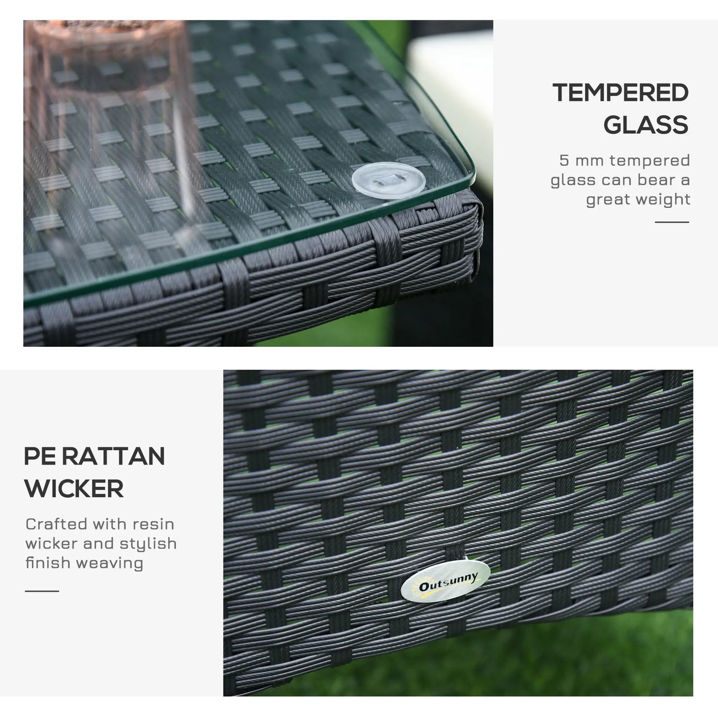 Outdoor table with tempered glass top and rattan wicker design, featuring Outsnay brand.