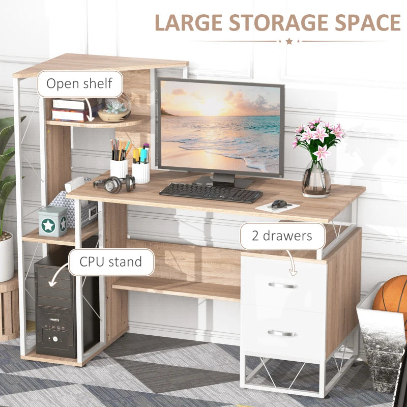 Wooden office desk with large storage space, open shelf, CPU stand, and two drawers in a room setting.