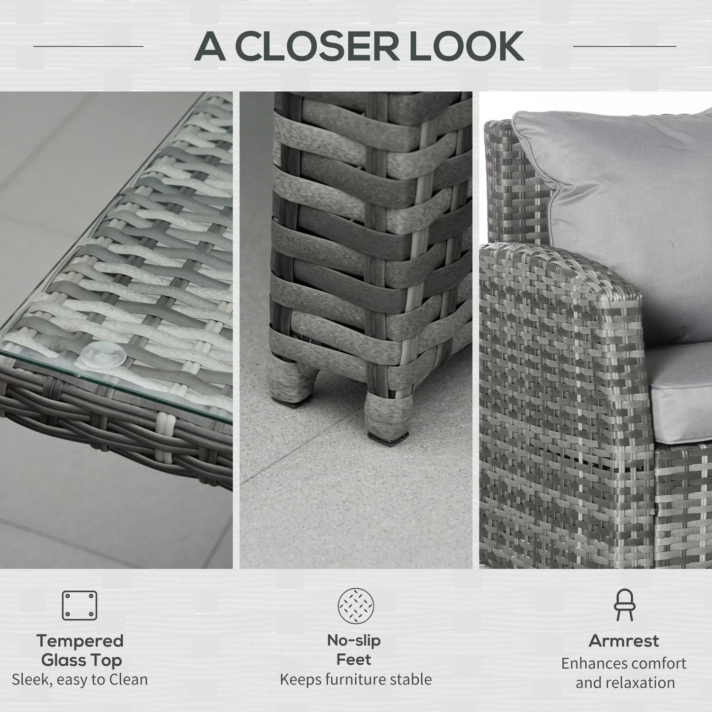 Wicker furniture set with tempered glass top, no-slip feet, and armrest on a neutral background.