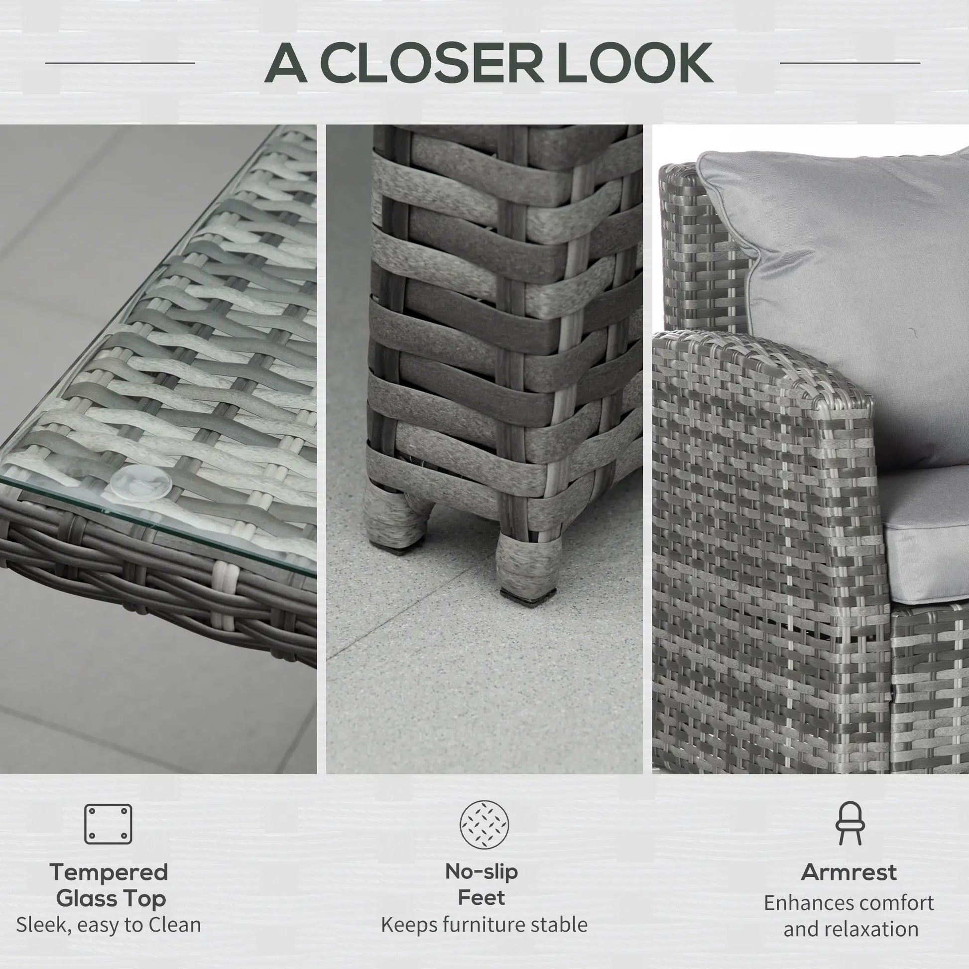 Wicker furniture set with tempered glass top, no-slip feet, and armrest on a neutral background.