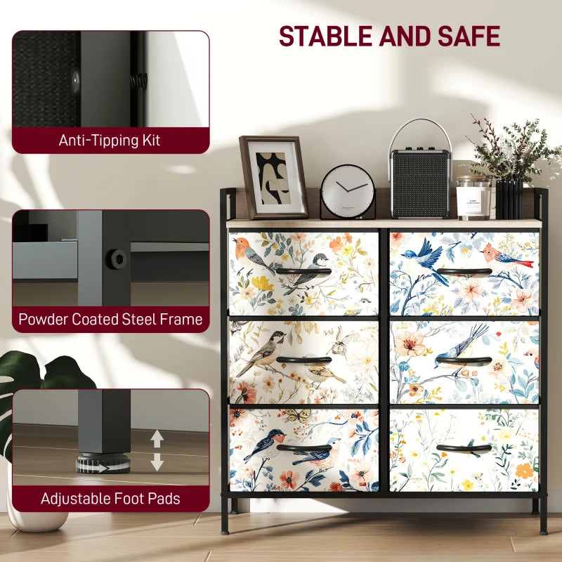 Decorative dresser with bird and floral patterned drawers, featuring anti-tipping kit, powder-coated steel frame, and adjustable foot pads.