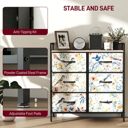 Decorative dresser with bird and floral patterned drawers, featuring anti-tipping kit, powder-coated steel frame, and adjustable foot pads.