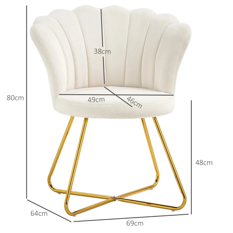 White chair with gold legs and measurements on a white background