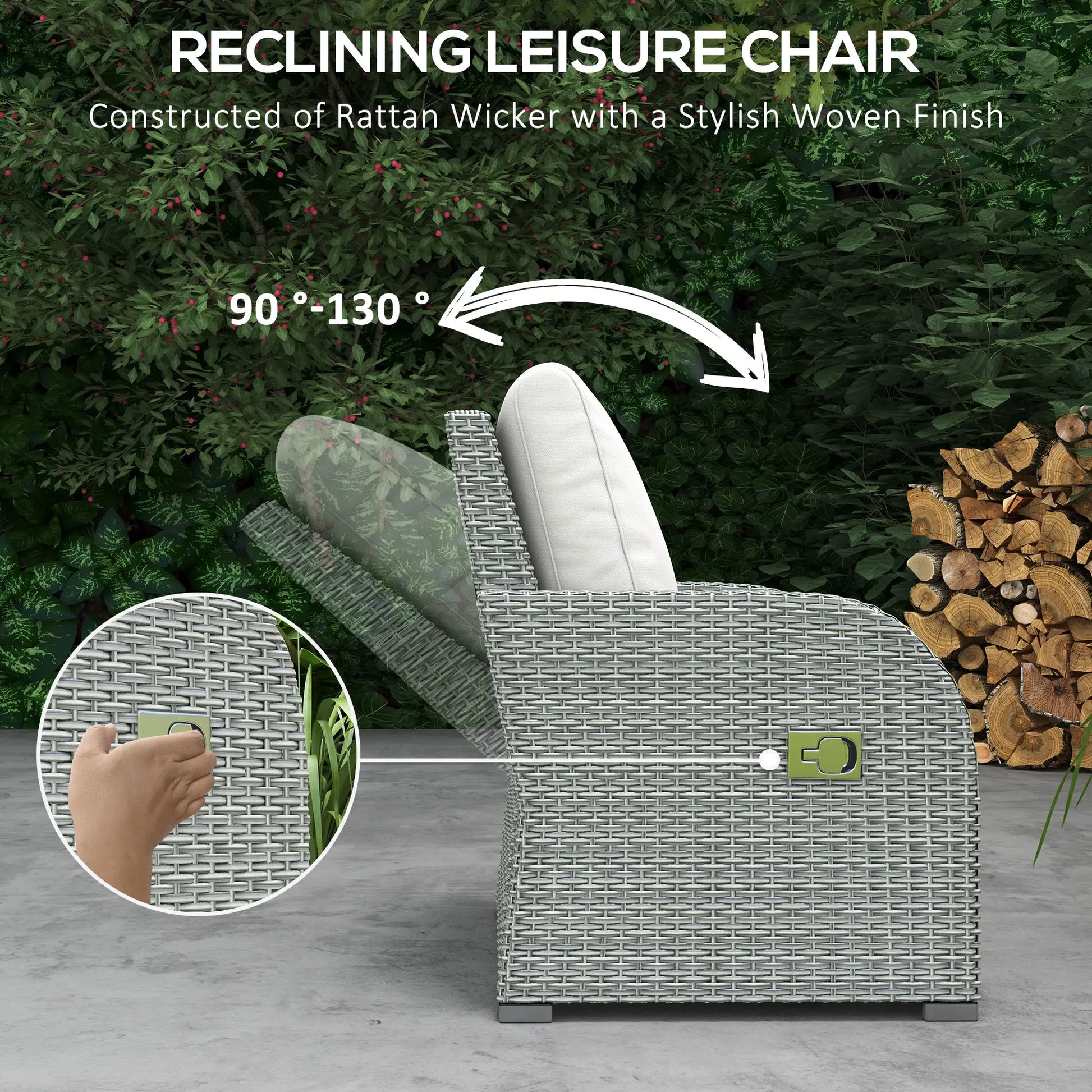 Reclining leisure chair made of rattan wicker with a stylish woven finish, shown outdoors.
