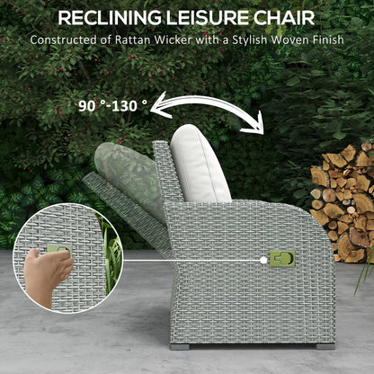 Reclining leisure chair made of rattan wicker with a stylish woven finish, shown outdoors.