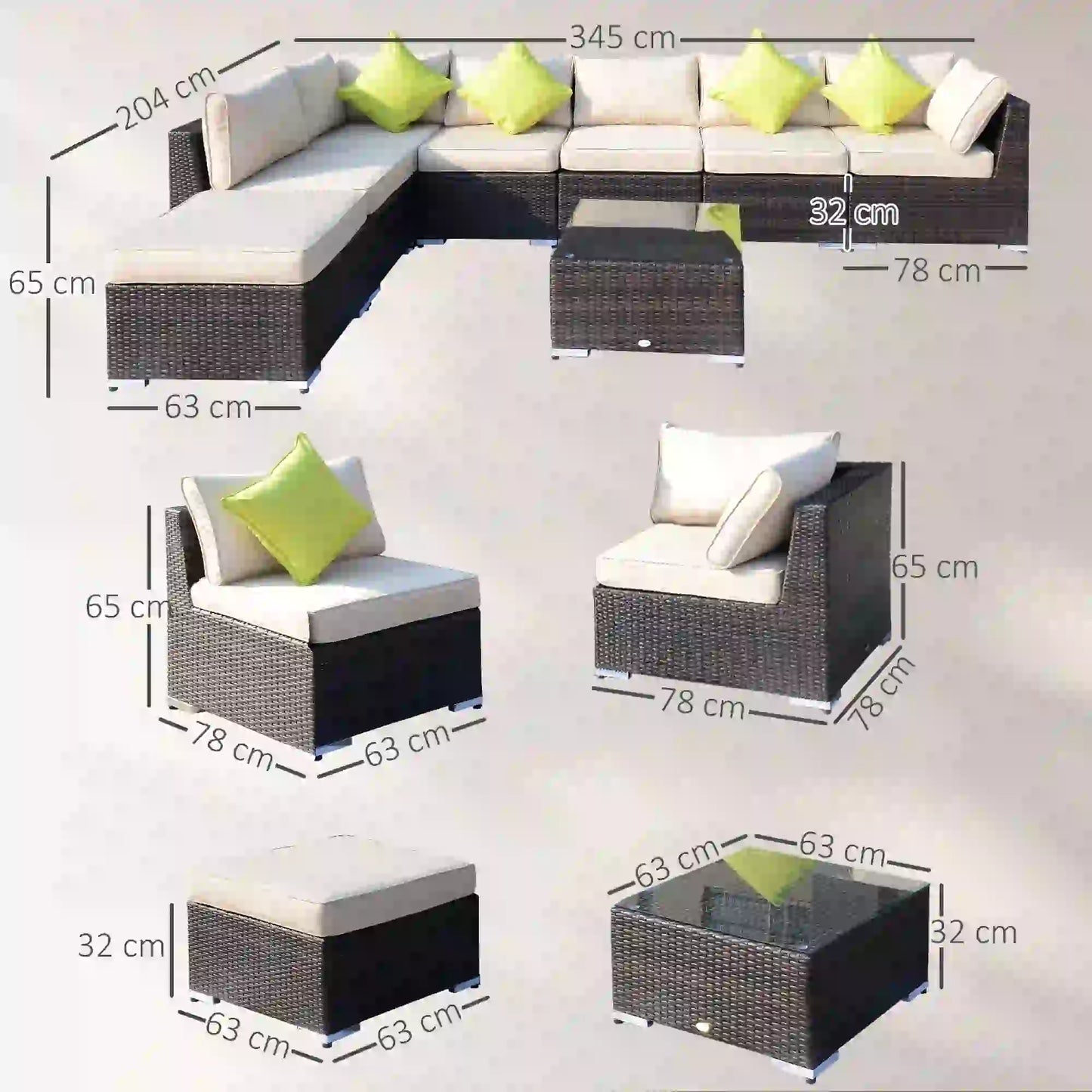 Outdoor furniture set with dimensions on a white background