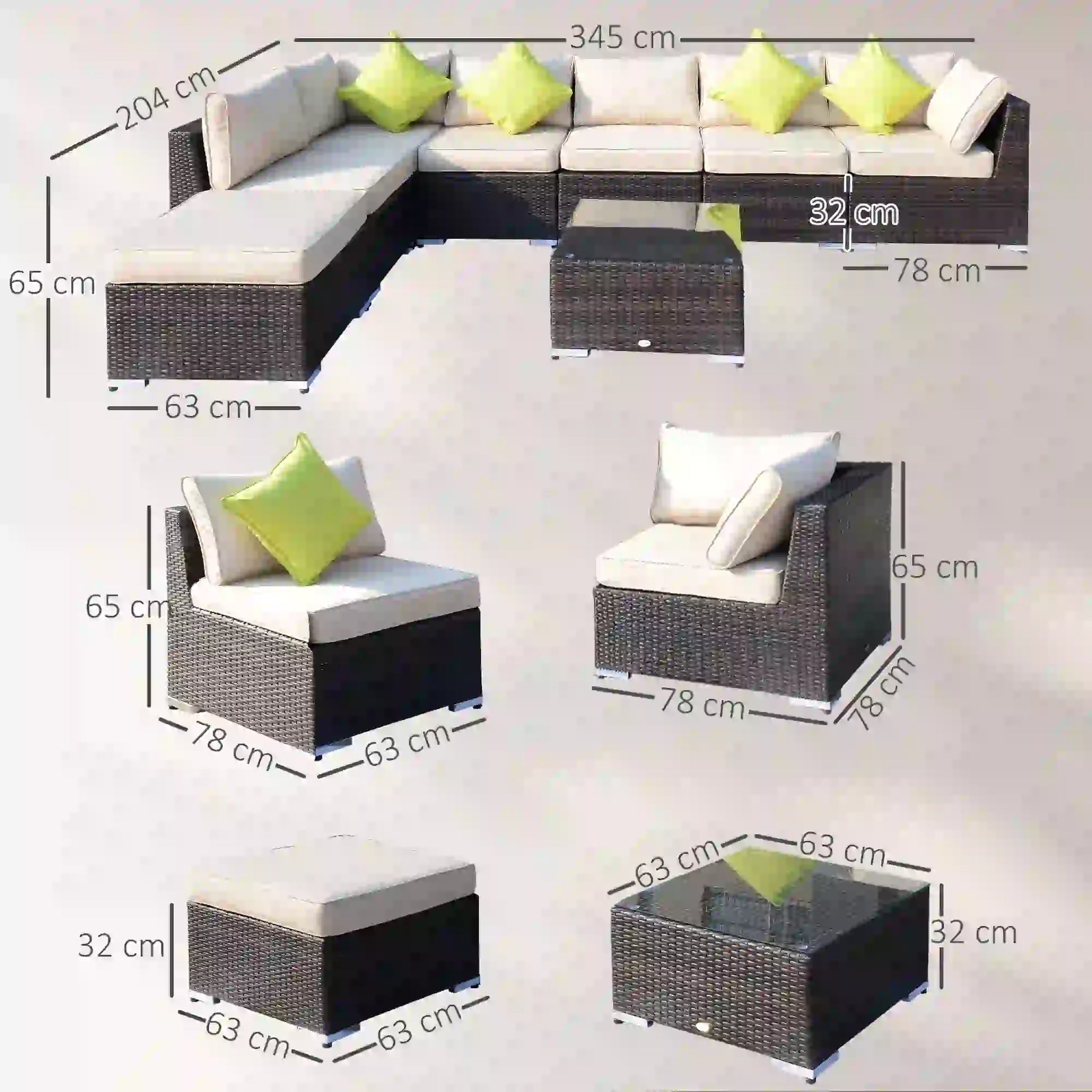 Outdoor furniture set with dimensions on a white background