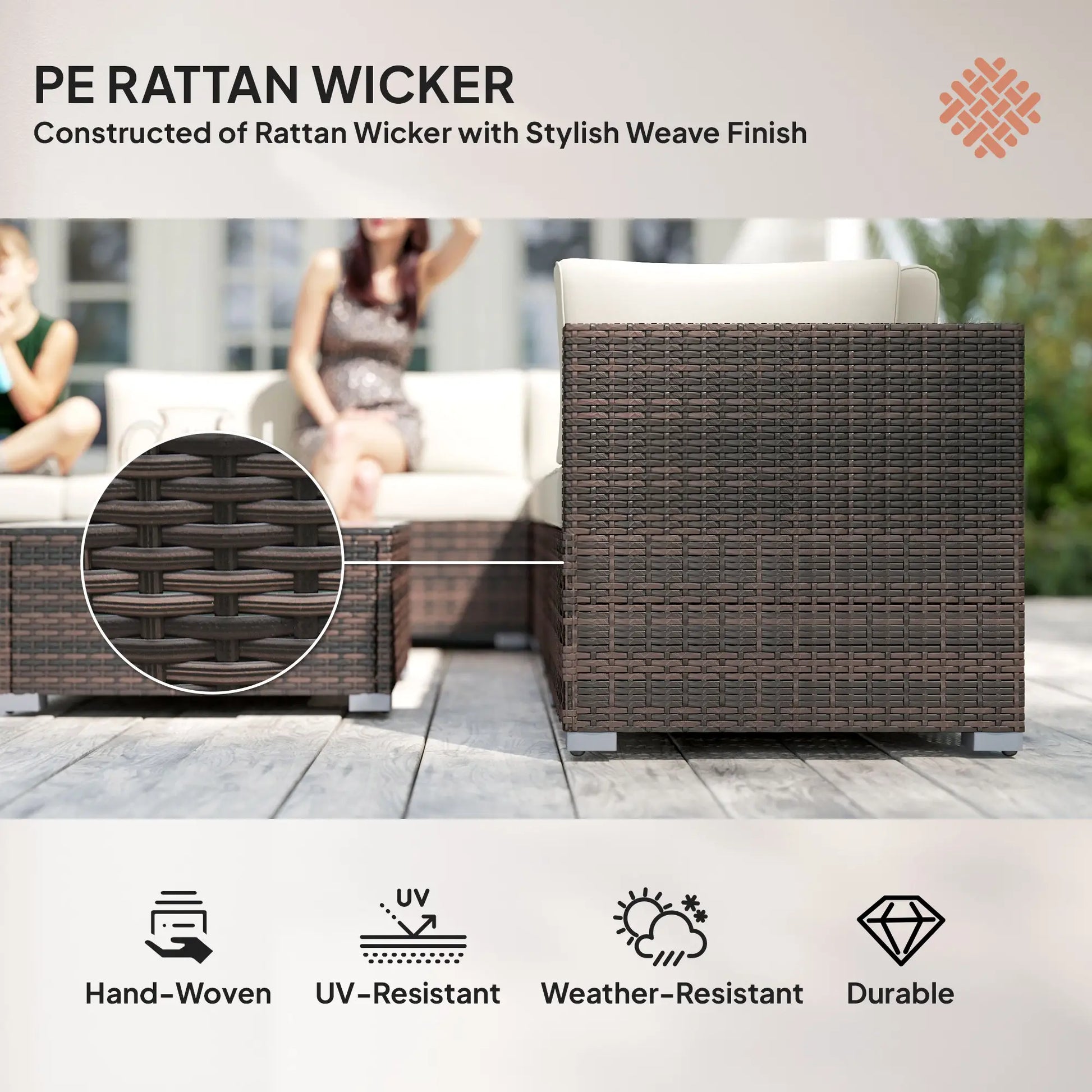 Outdoor furniture set with rattan wicker construction, showing a close-up of the weave and text highlighting features.