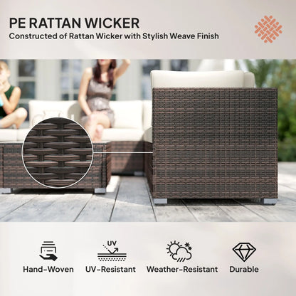 Outdoor furniture set with rattan wicker construction, showing a close-up of the weave and text highlighting features.