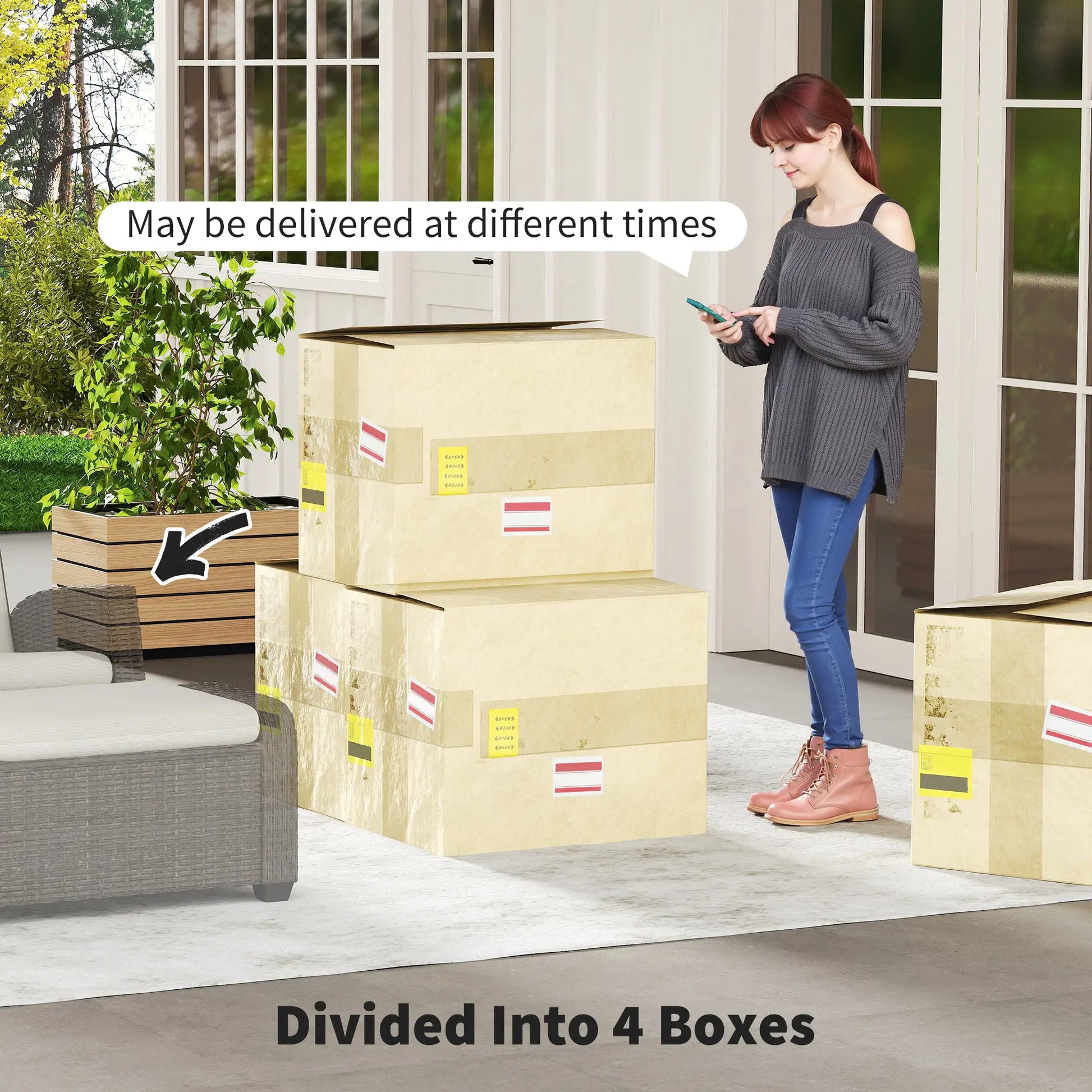 Woman standing next to stacked boxes with text indicating delivery timing and box division.