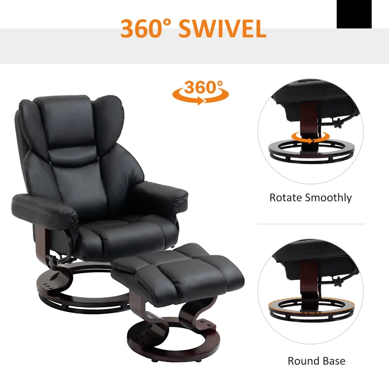 Black recliner chair with ottoman featuring 360-degree swivel functionality on a white background.