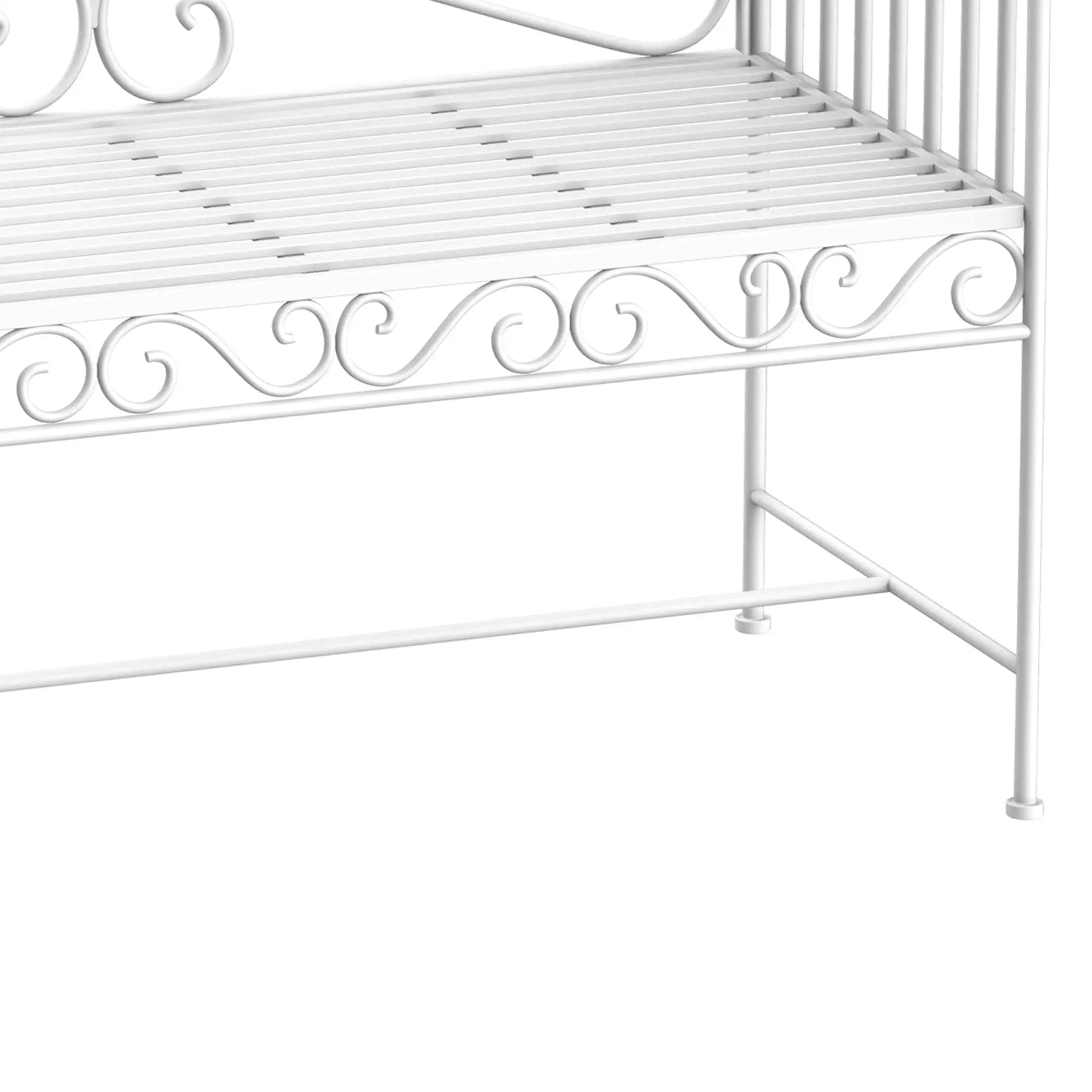White metal bench with decorative scrollwork on a white background