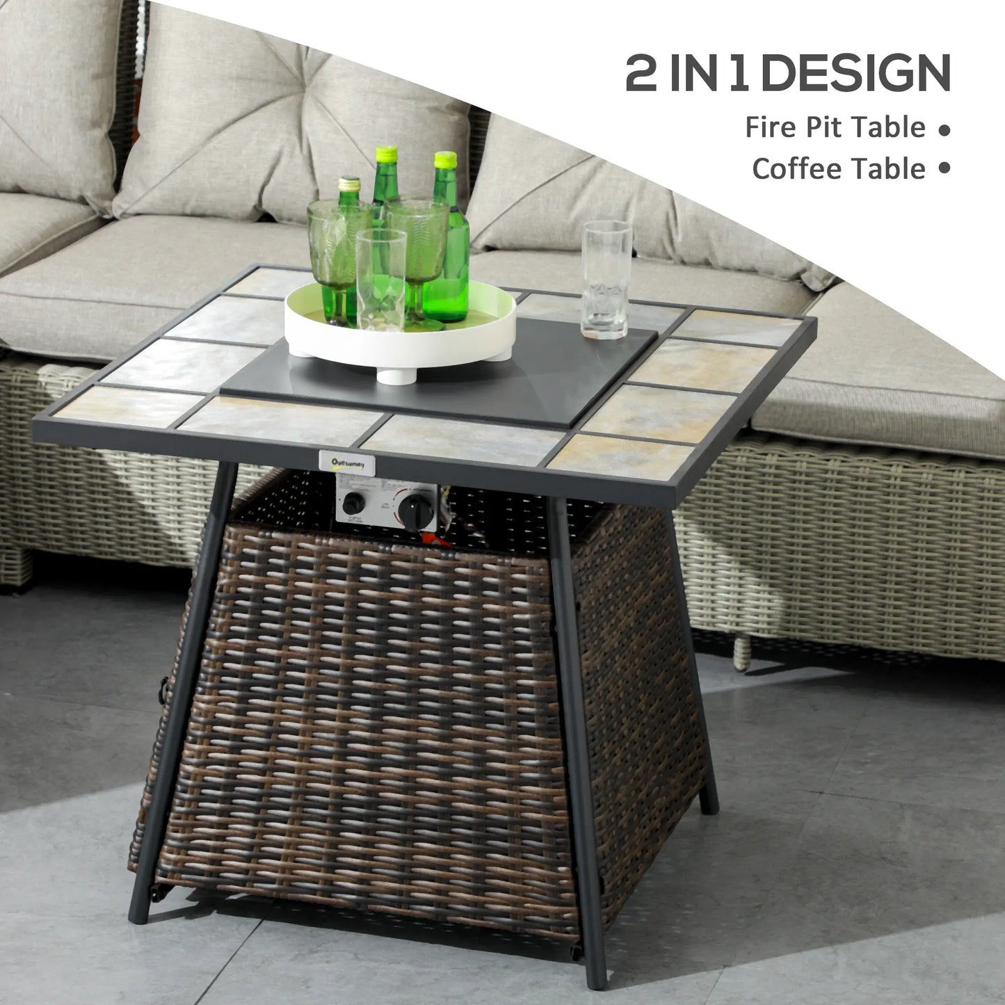 2-in-1 fire pit table with mosaic top and wicker base, featuring a grill and outdoor setting.