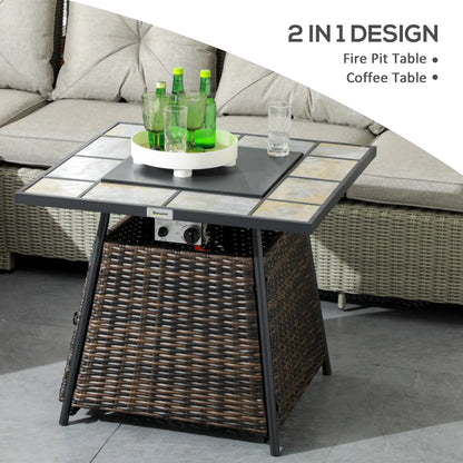 2-in-1 fire pit table with mosaic top and wicker base, featuring a grill and outdoor setting.