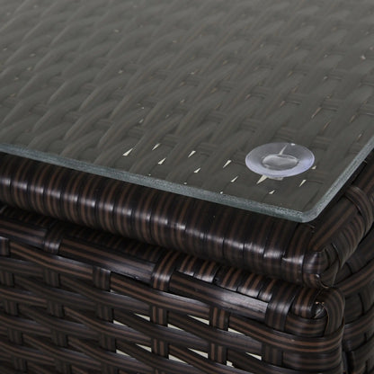 Glass top on a wicker table with a clear plastic washer underneath.