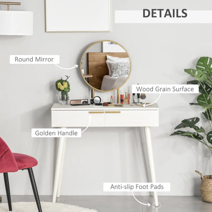 White vanity table with round mirror, gold handle, and anti-slip foot pads in a room setting.