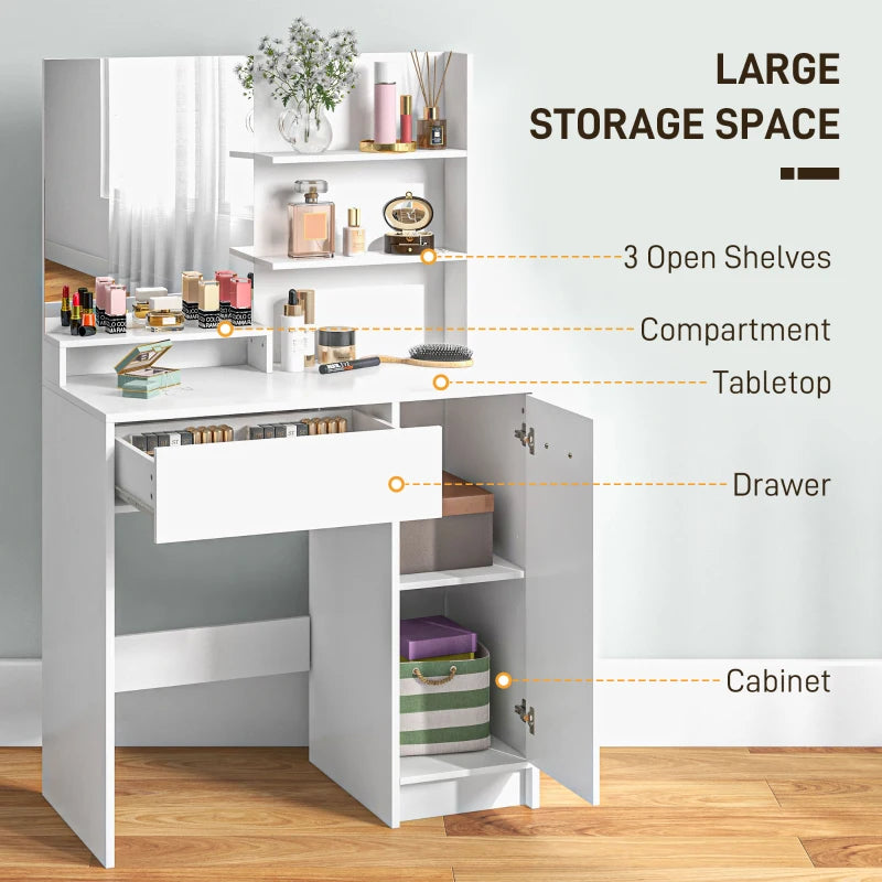 White vanity table with various items on shelves and open cabinet, labeled for storage features.