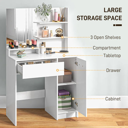 White vanity table with various items on shelves and open cabinet, labeled for storage features.