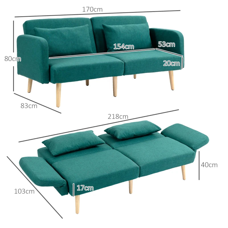 Teal sofa with dimensions labeled on a white background