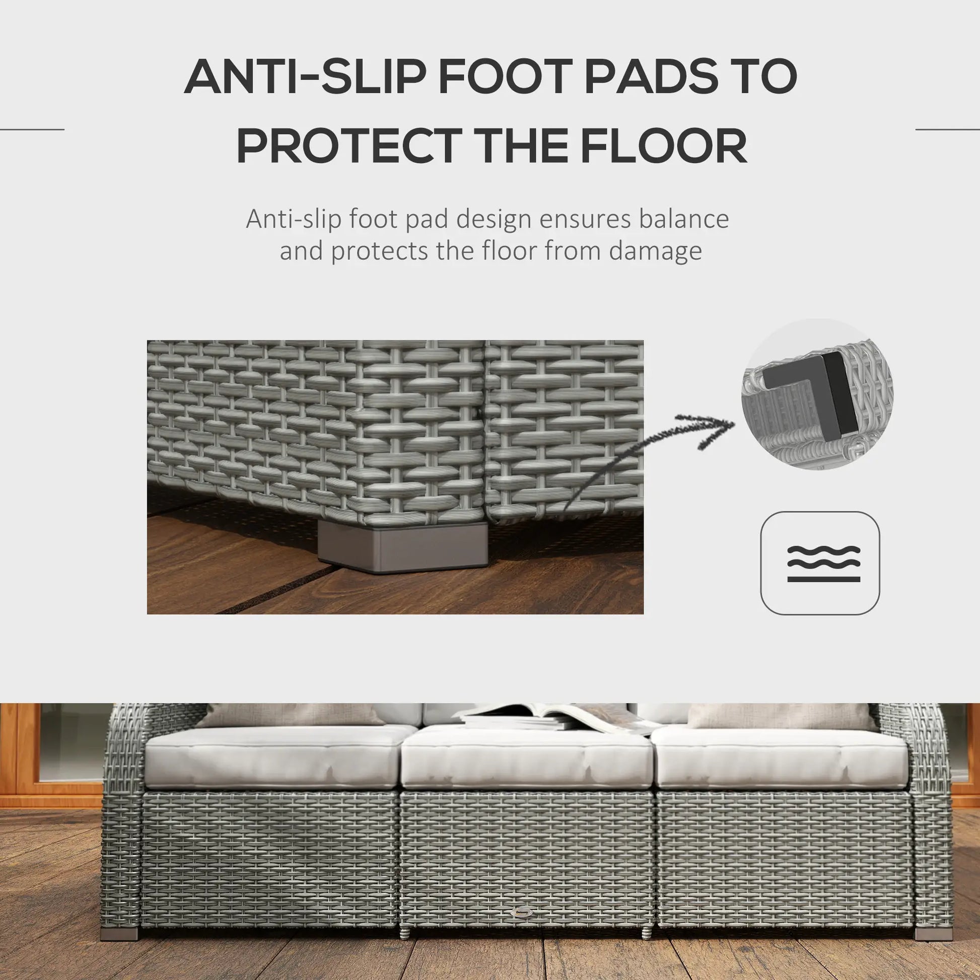 Wicker furniture with anti-slip foot pads on a wooden floor, emphasizing floor protection.