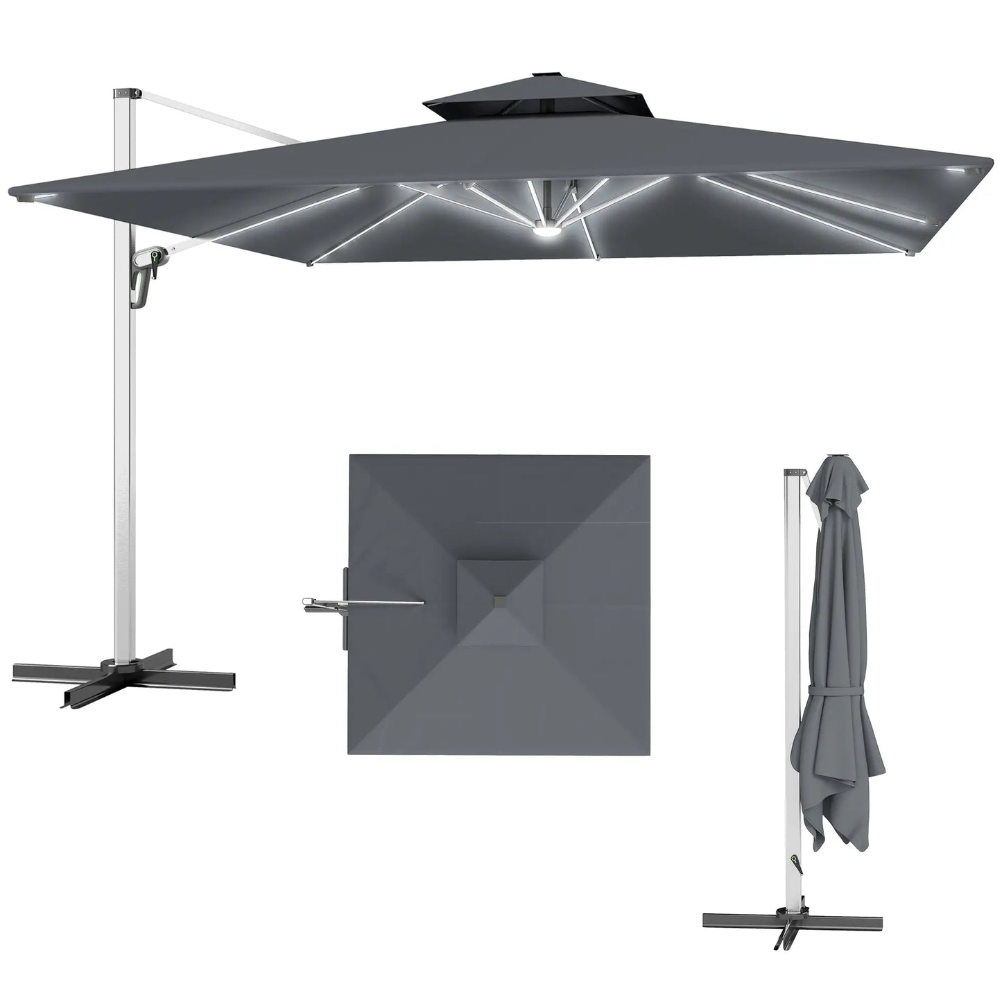 Gray outdoor umbrella with stand and folded cover on a white background