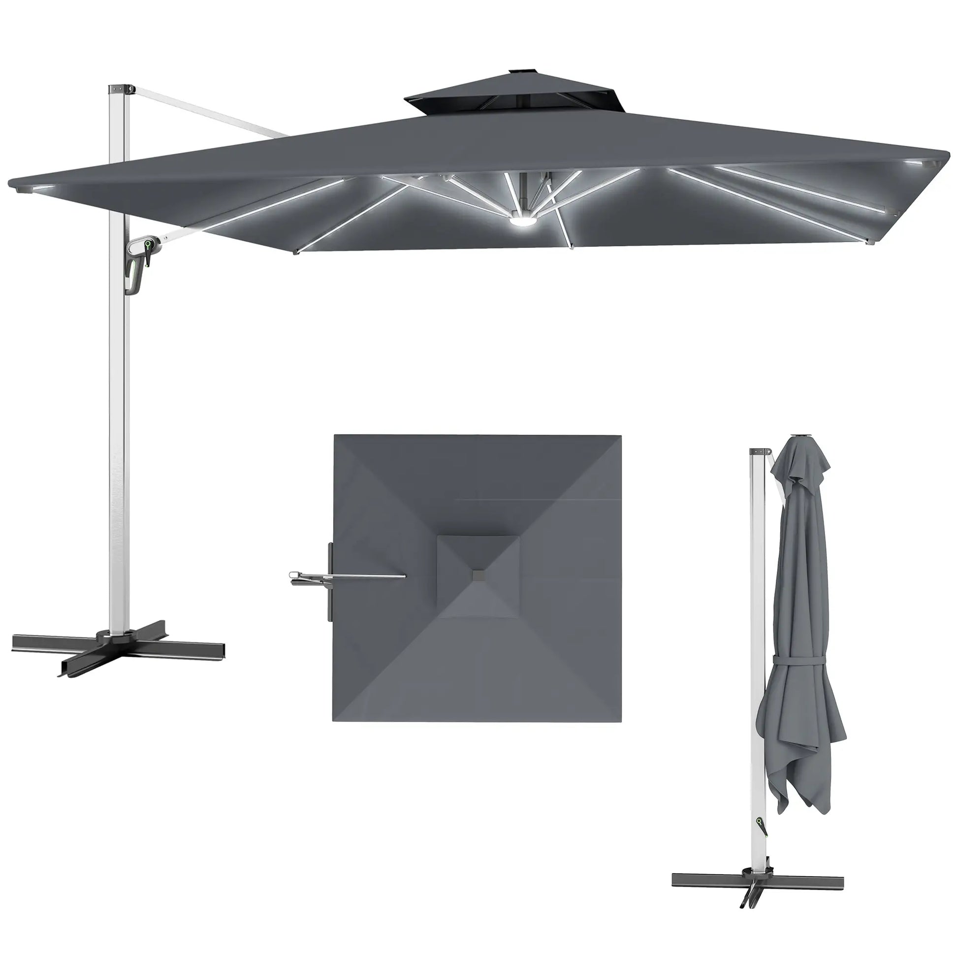 Gray outdoor umbrella with stand and folded cover on a white background