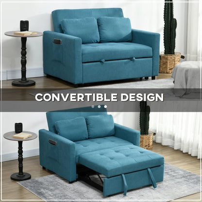Blue convertible sofa in a living room setting with a table and cactus.