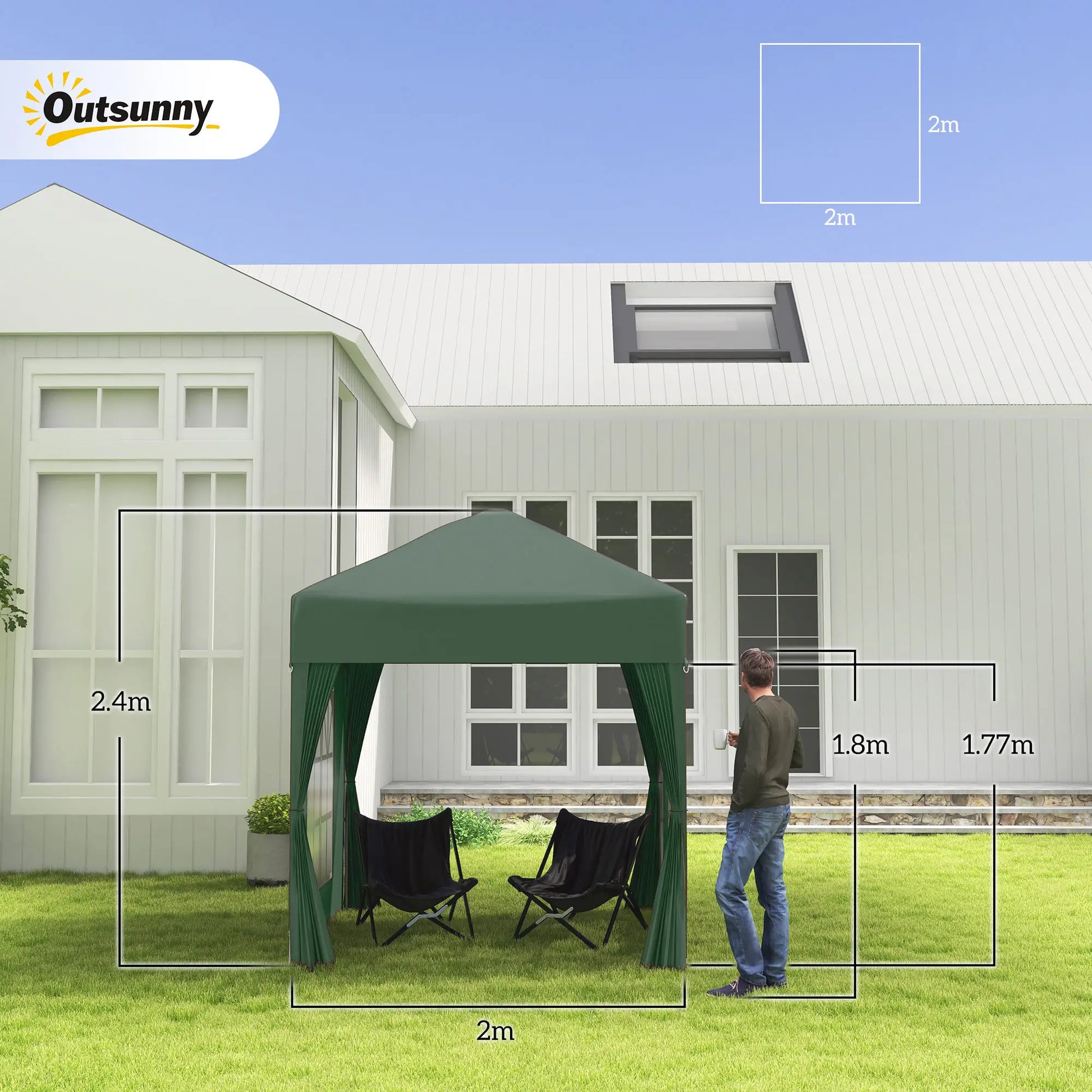 Green outdoor canopy tent with dimensions displayed, set up in a garden area.