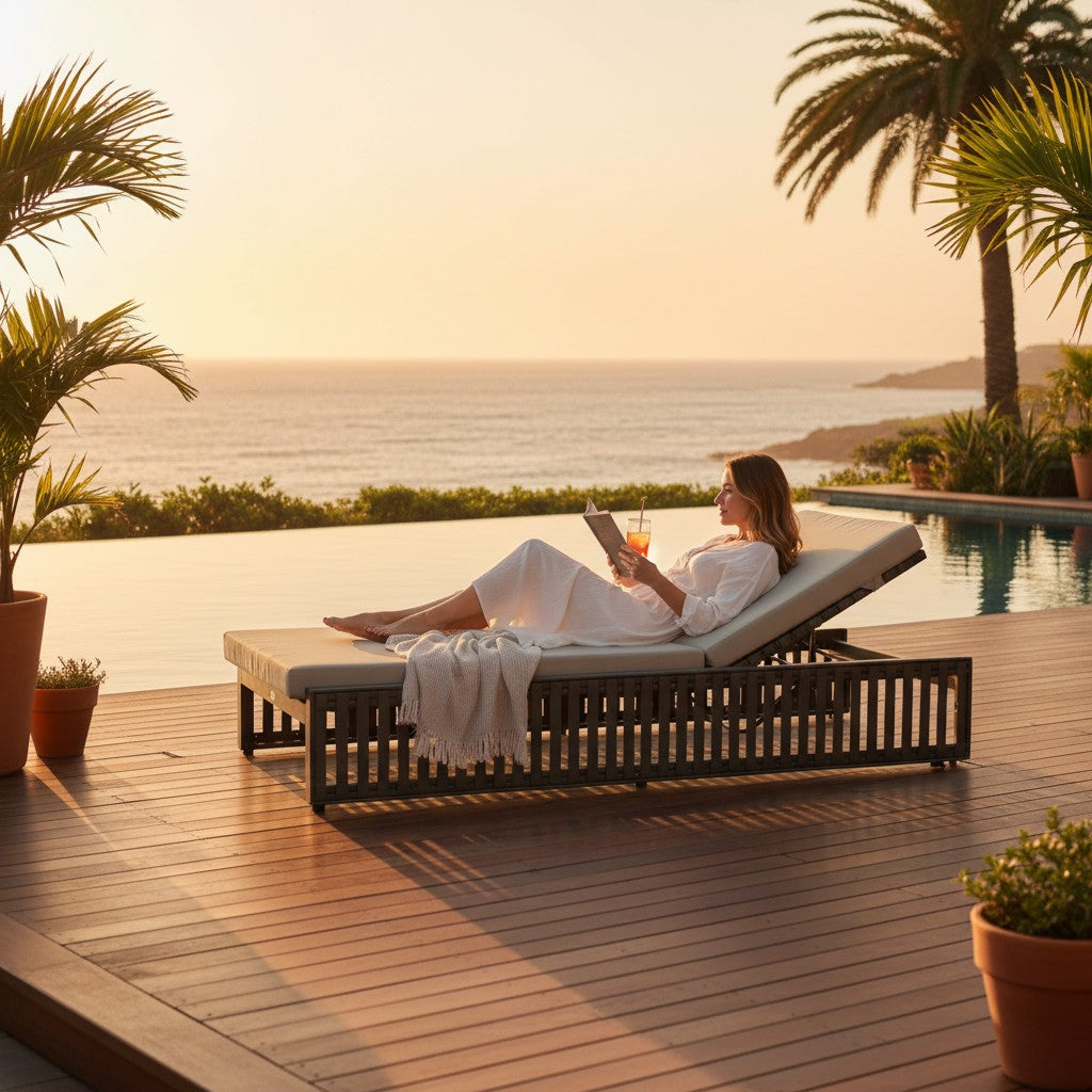 Skyline Design Elysian Lounger lounge set with dark grey woven straps, 35mm cushion, suitable for outdoor relaxation.