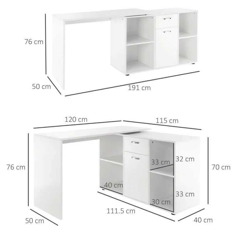 White office desk with dimensions labeled on a white background
