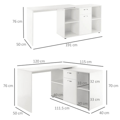 White office desk with dimensions labeled on a white background