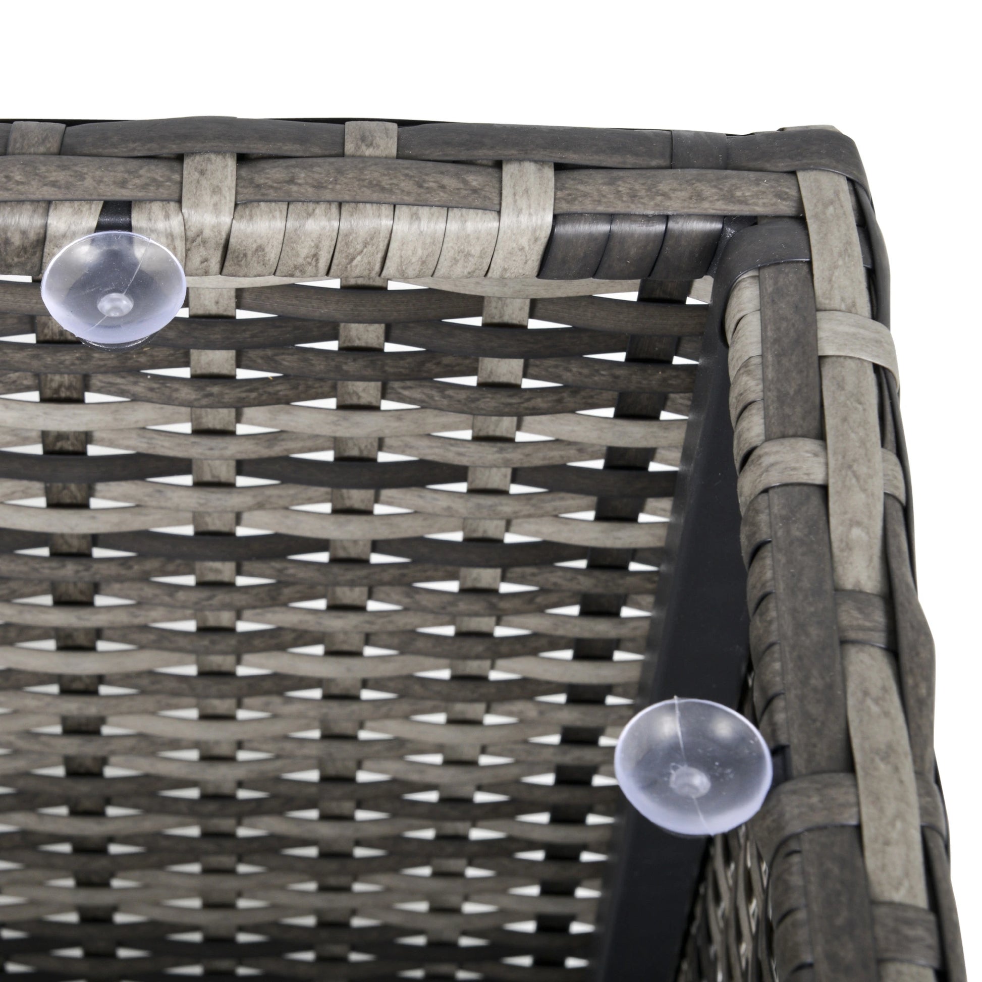 Wicker chair with clear suction cups attached to it on a white background